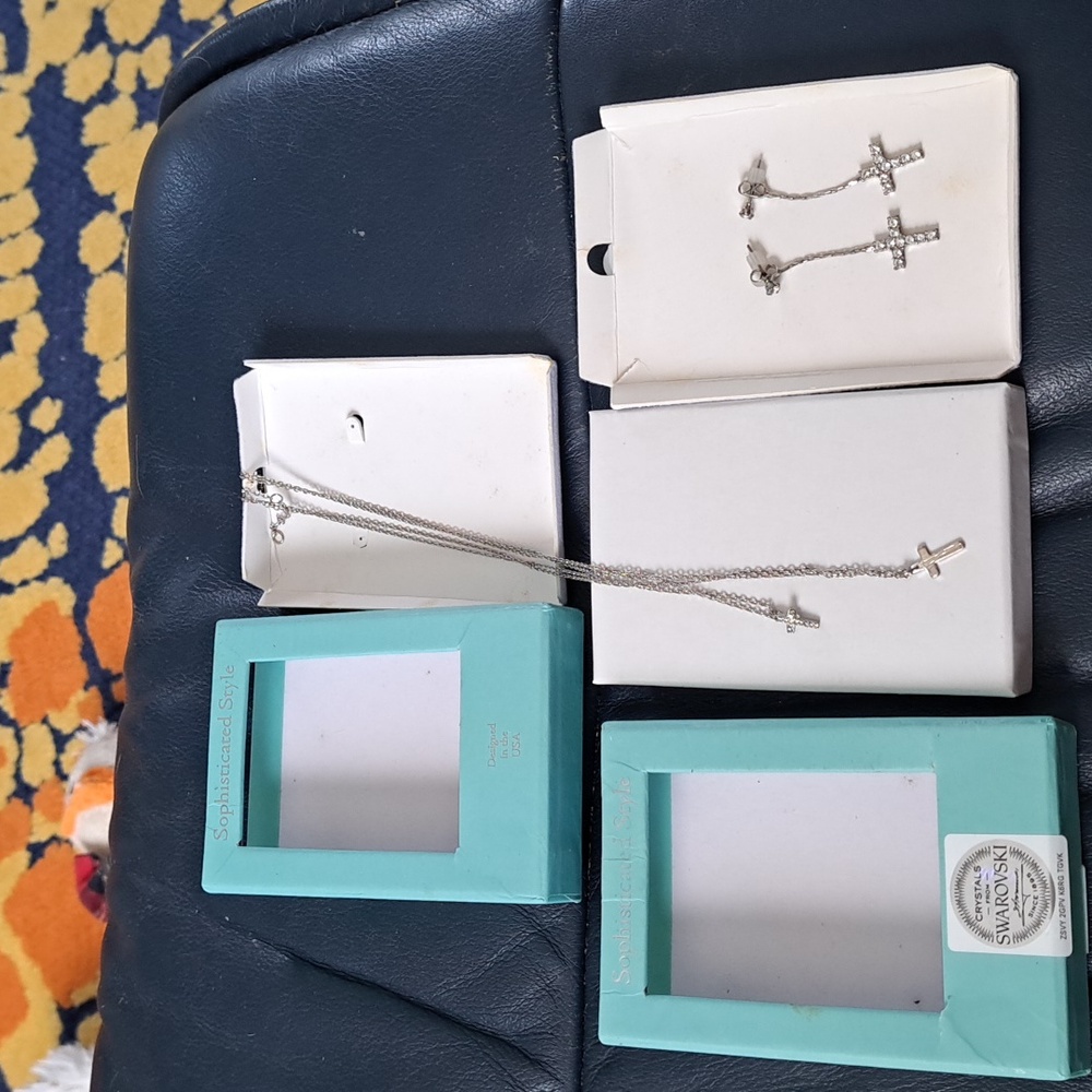 Swarovski double cross necklace And Drop Cross Earrings